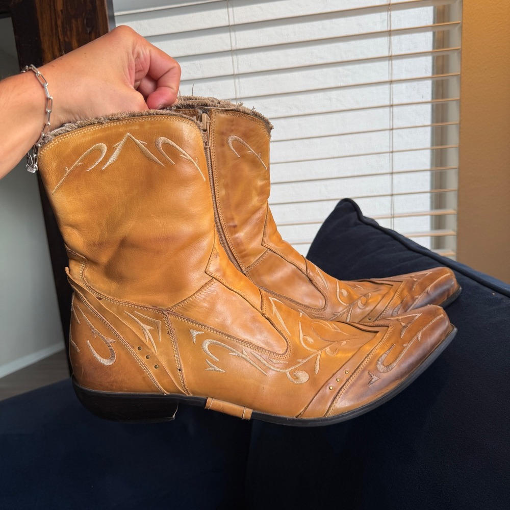 Aldo Cowboy Boots Mens 46 Tan Leather Western Pointed Toe Embroidered Zip Up